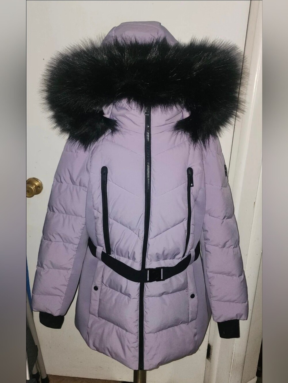 rs Gray Purple Faux Fur Trim Belted Quilted Puffer Jacket Coat 1X